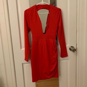Plunge neck red dress with open back